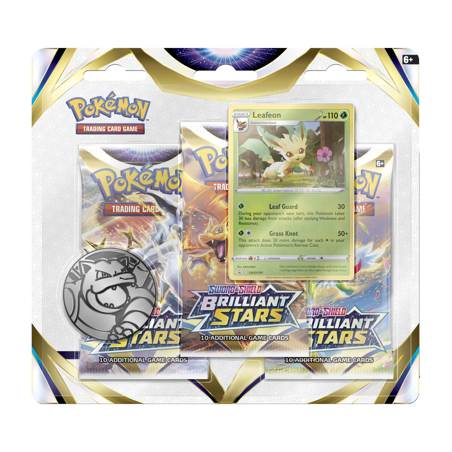 Sword & Shield-Brilliant Stars 3 Booster Packs, Coin & Leafeon Promo Card